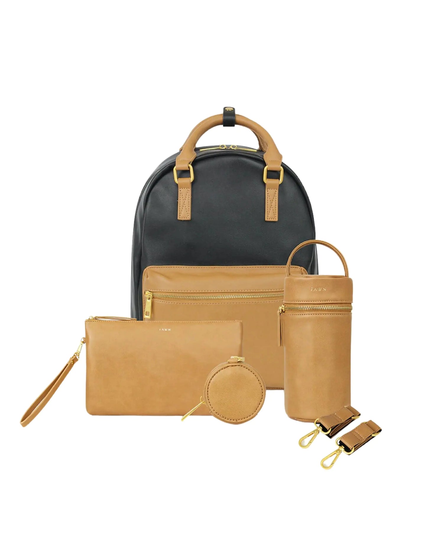 FAWN DESIGN Diaper Pack Ultimate Bundle (Classic Backpack with Contemporary Diaper Bag Features) (Black/Tan Bundle)