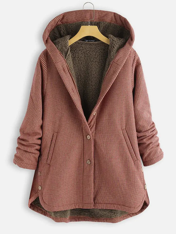 Solid Color Button Hooded Jacket and Plaid Jacket