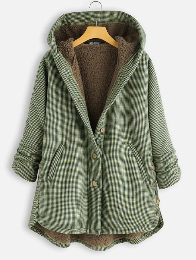 Solid Color Button Hooded Jacket and Plaid Jacket