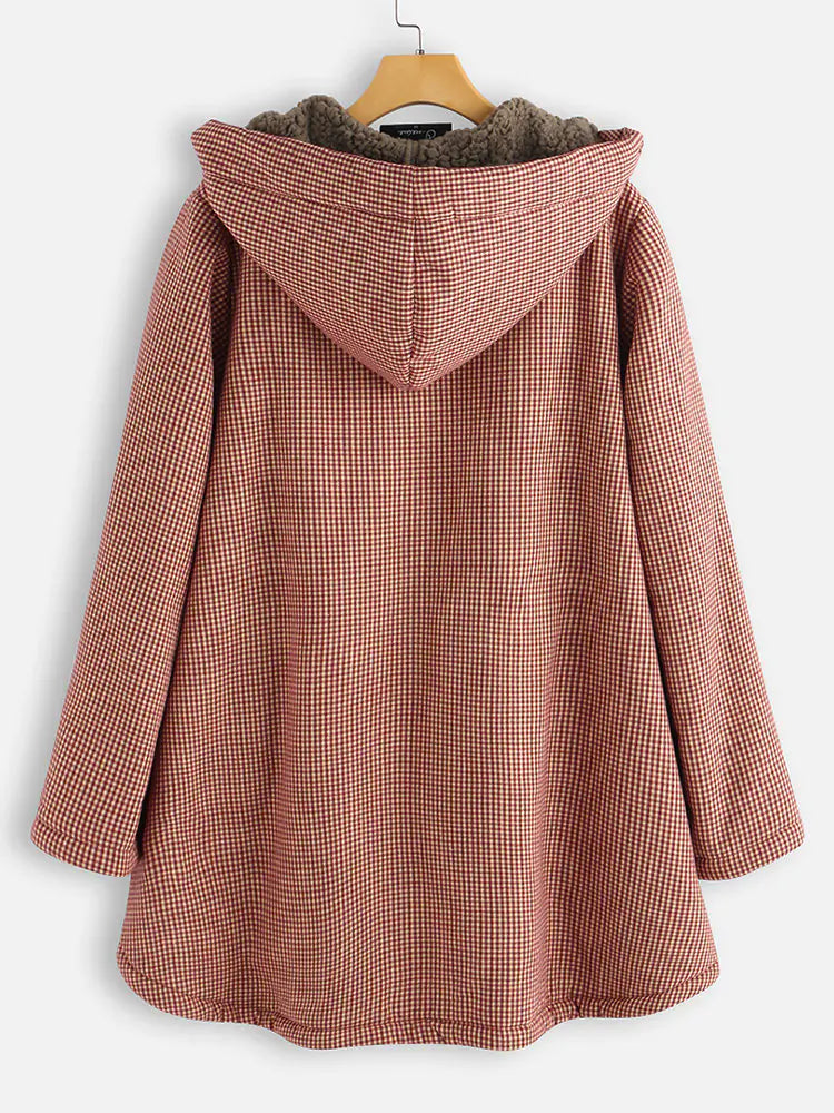 Solid Color Button Hooded Jacket and Plaid Jacket