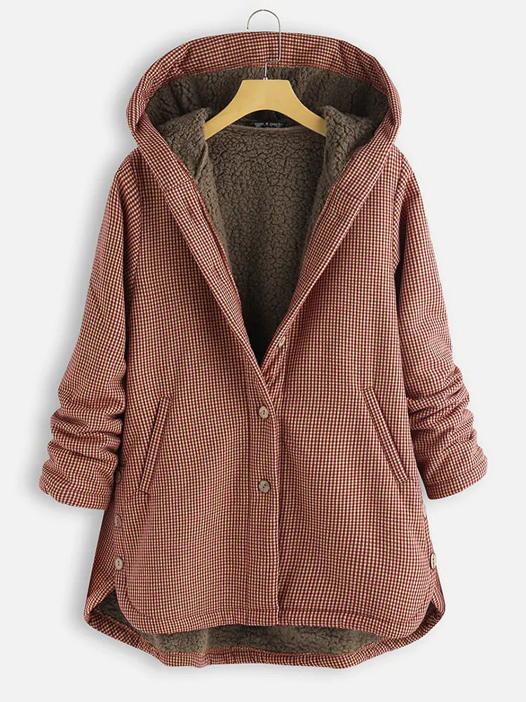 Solid Color Button Hooded Jacket and Plaid Jacket